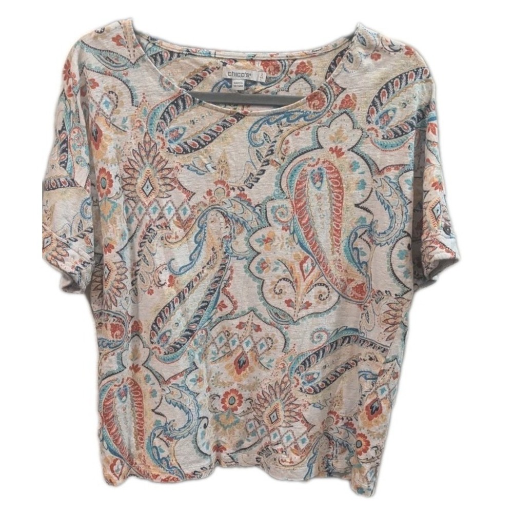 Chico's Linen Top Sz 2 US L Short Sleeve Paisley Round Neck Pastel Boho Western